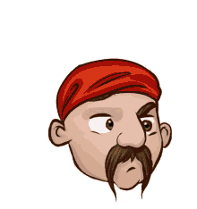 a cartoon drawing of a man with a red headband and a mustache