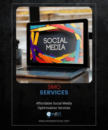 an advertisement for social media services shows a laptop on a desk