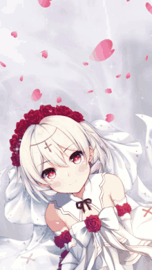 a girl with white hair and red eyes is wearing a white dress