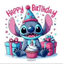 a cartoon of stitch holding a cupcake with a candle and the words happy birthday