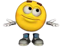 a yellow smiley face with arms and legs wearing sneakers