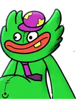 a green cartoon character with a purple top hat and tie