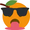 an orange with sunglasses and a mustache is making a funny face with its tongue out .