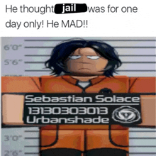 a picture of sebastian solace with the caption he thought jail was for one day only ! he mad !