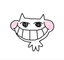 a drawing of a cat with big teeth and pink ears .