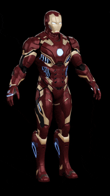 a man in a red and gold iron man suit is standing on a black background