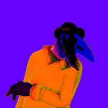 a colorful drawing of a person with a bird mask on their face