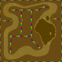 a map of a dirt track with a small island in the middle of the map