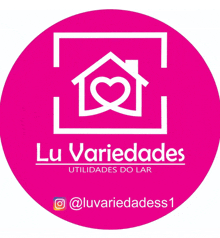 a pink logo for lu variedades with a house with a heart inside