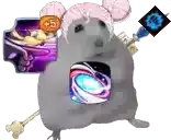 a hamster is wearing a pink hat and holding a purple object in its chest .