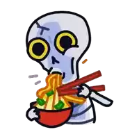 a cartoon drawing of a skeleton eating ramen with chopsticks