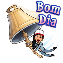 a cartoon illustration of a woman holding a large bell with the words bom dia above her