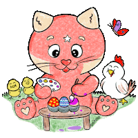 a drawing of a cat painting easter eggs with chickens and butterflies