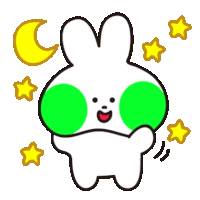 a cartoon of a bunny with green eyes and a crescent moon and stars behind it