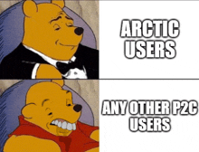 a cartoon of winnie the pooh wearing a tuxedo with the words arctic users any other p2c users below him