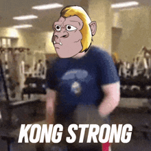 a cartoon of a monkey lifting a dumbbell with kong strong written below him