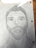 a drawing of a man with a beard is on a piece of lined paper