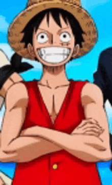 monkey d luffy from one piece is smiling with his arms crossed .