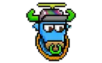 a pixel art drawing of a blue monster with horns and glasses