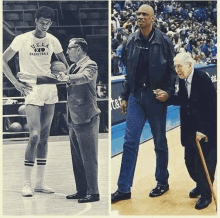 a man in a ucla basketball shirt talks to a man in a suit