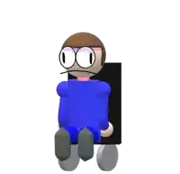 a cartoon character wearing glasses and a blue shirt is sitting in a wheelchair