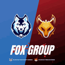 a blue and red fox group logo with a husky and a fox