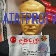 a man wearing a gold mask is holding a polis identification card