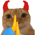 a pixel art of a cat with red horns holding a yellow object .