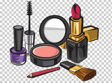 a cartoon illustration of a variety of makeup products