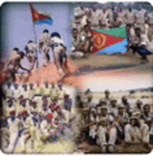 a group of people are standing in front of a flag in a collage of photos .