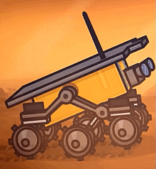 a cartoon drawing of a yellow dump truck on a desert landscape