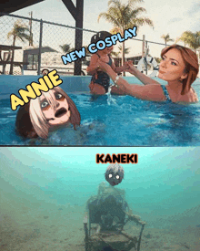 a picture of a woman in a pool with the words annie new cosplay kaneki on it