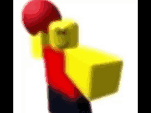 a red and yellow roblox character is holding a yellow block and a red ball .