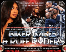 a poster for biker babes and ruff ruders shows a woman and a man on motorcycles