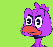 a cartoon of a purple duck with big eyes and a red beak on a green background