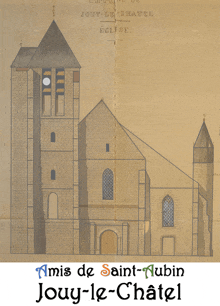 a drawing of a church with the name amis de saint-aubin jouy-le-chatel