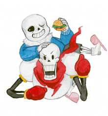 a drawing of two skeletons holding a hamburger