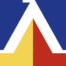 a blue and yellow triangle with a white arrow pointing to the right