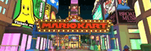 a mario kart sign is lit up in a cartoon city