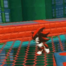 shadow the hedgehog is playing a video game and jumping on a trampoline .