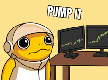 a cartoon of a frog sitting in front of two computer monitors with the words pump it above it