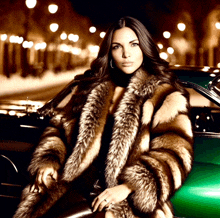 a woman in a fur coat is sitting in a green car