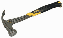 a hammer with a yellow and black handle is on a white background .