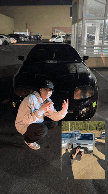 a man kneeling in front of a black car with a sticker on the windshield that says ' sdnc '