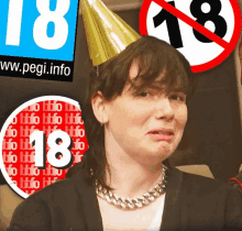 a woman wearing a party hat is surrounded by signs that say 18 and www.pegi.info