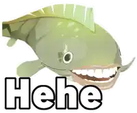 a cartoon fish with a big smile on its face and the word " hehe " below it