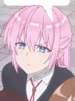 a girl with pink hair and blue eyes looks angry