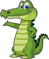 a cartoon crocodile with blue eyes is waving its hand