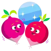 a cartoon illustration of two radishes with faces and a blue circle in the background