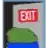 a green frog is standing in front of a red exit sign .